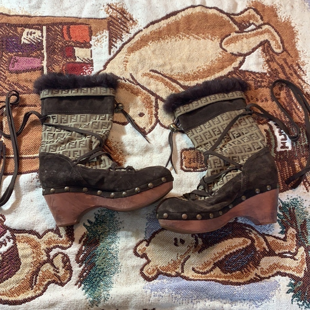 FENDI Logo Wood Platform Fur Lined Brown Winter Boots 37 studded Rare - Picture 7 of 14